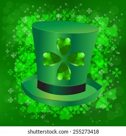 Four- leaf clover - Irish shamrock St Patrick's Day symbol. Useful for your design. Green glass clover  and green hat. St. Patrick's day green leaves on green background.