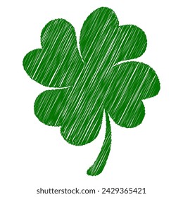 Four leaf clover isolated on transparent background. Stroke art. Happy Saint Patrick's day. Vector illustration.