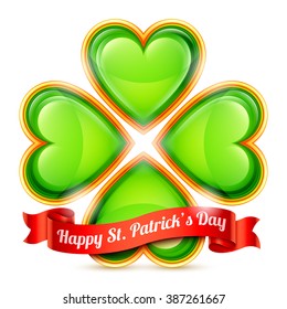 Four leaf clover made of green hearts and red ribbon with Happy St. Patrick Day congratulation