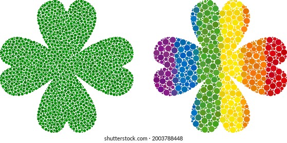 Four leaf clover mosaic icon of round items in variable sizes and spectrum color tones. A dotted LGBT-colored four leaf clover for lesbians, gays, bisexuals, and transgenders.