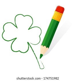 Four leaf clover painted with a green pencil, illustration.