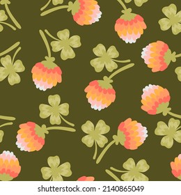 Four leaf clover with pink flower vector seamless pattern. Lucky clover four petals cartoon texture. Shamrock for St. Patrick's Day, Cute hand drawn floral background for fabric, wallpaper, wrap paper