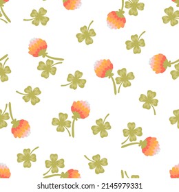 Four leaf clover with pink flower vector seamless pattern. Lucky clover four petals cartoon texture. Shamrock for St. Patrick's Day, Cute hand drawn floral background for fabric, wallpaper, wrap paper