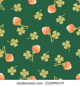 Four leaf clover with pink flower vector seamless pattern. Lucky clover four petals cartoon texture. Shamrock for St. Patrick's Day, Cute hand drawn floral background for fabric, wallpaper, wrap paper