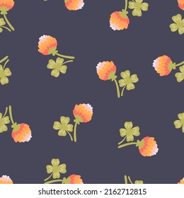 Four leaf clover with pink flower vector seamless pattern. Lucky clover four petals cartoon texture. Shamrock for St. Patrick's Day, Cute hand drawn floral background for fabric, wallpaper, wrap paper