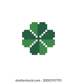 Four leaf clover pixel art icon, green plant logo. Isolated vector illustration. Game assets 8-bit sprite. Design for stickers,  web, mobile app. St. Patrick's day symbols.