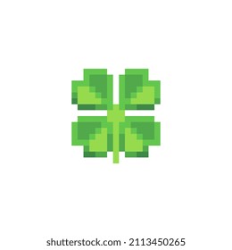 Four leaf clover pixel art icon, green plant logo. Isolated vector illustration. Game assets 8-bit sprite. Design for stickers,  web, mobile app. St. Patrick's day symbols.