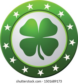 Four Leaf Clover Round Green and White Glossy Icon. 