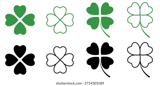 Vier Blatt Klee Shamrock Icon Set Lucky Irish Symbole für St. Patrick’s Day in Minimal Vector Design	