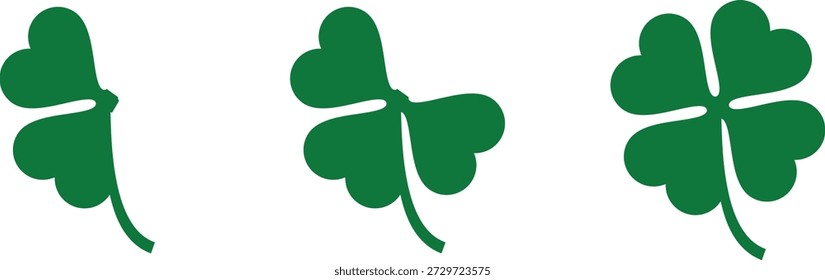 Vier Blattklee- und Schamrock-Ikonen in Grün-, Schwarz- und Umrissformaten, perfekt für Glücksthemen, irische Feiern, St. Patrick’s Day-Designs, Urlaubsgrafiken, Branding, Dekorationen und moderne flache Vektorgrafiken.