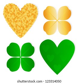Four leaf  clover shamrock luck vector and gold coin heart background set