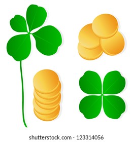 Four leaf  clover shamrock luck vector and gold coins background set