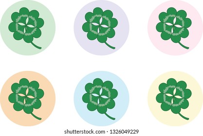 Four Leaf Clover Shamrocks on Pastel Circle Background for Patrick's Day, Botanical Illustrations and Luck of the Irish Symbols, Crafts, Mint, Pink, Lavender, Cream, Light Blue, Collection Vector Set