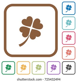 Four leaf clover simple icons in color rounded square frames on white background