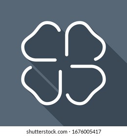 Four leaf clover, St Patricks Day sign, outline design. White flat icon with long shadow on blue background