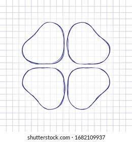 Four leaf clover, St Patricks Day sign. Hand drawn picture on paper sheet. Blue ink, outline sketch style. Doodle on checkered background
