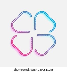 Four leaf clover, St Patricks Day sign, outline design. Colored logo with diagonal lines and blue-red gradient. Neon graphic, light effect