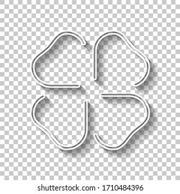 Four leaf clover, St Patricks Day sign, outline design. White outline sign with shadow on transparent background