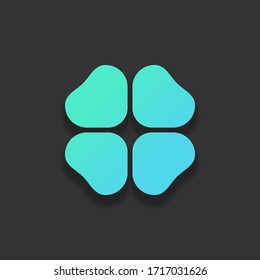 Four leaf clover, St Patricks Day sign. Colorful logo concept with soft shadow on dark background. Icon color of azure ocean