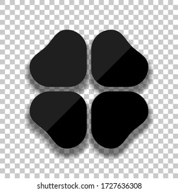 Four leaf clover, St Patricks Day sign. Black glass icon with soft shadow on transparent background