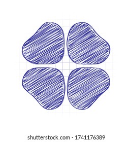 Four leaf clover, St Patricks Day sign. Hand drawn sketched picture with scribble fill. Blue ink. Doodle on white background