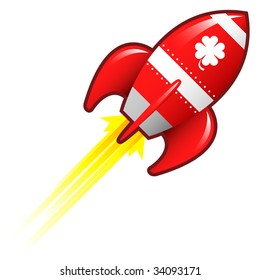 Four leaf clover St. Patrick's Day icon on red retro rocket ship illustration good for use as a button, in print materials, or in advertisements.