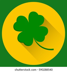 Four leaf clover, St. Patrick's day. Green icon in flat style with long shadow. Green and yellow background. Simple design. Vector illustration