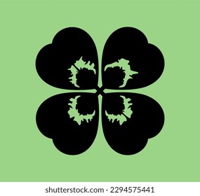 Four leaf clover, a symbol of good luck. Black clover leaf silhouette isolated on green background. Vector illustration.