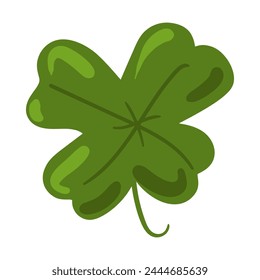 Four leaf clover symbol of good luck and prosperity. Strangely shaped magical plant, Happy Patrick party element. Simple cartoon vector isolated on white background