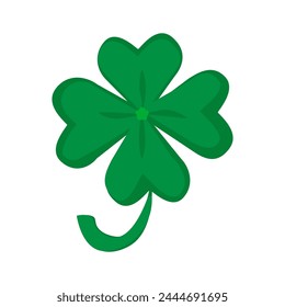 Four leaf clover symbol of good luck and prosperity. Strangely shaped magical plant, Happy Patrick party element. Simple cartoon vector isolated on white background