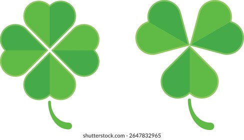 Ícones de vetor plano de trevo de quatro folhas e trevo de três folhas para a sorte e decoração do dia de São Patrício isolada no fundo branco