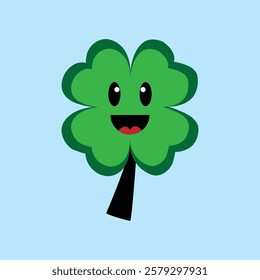 Four leaf clover vector icon on white background. Lucky Leaf. Clover emoji illustration. Clover leaf vector emoticon isolated. Happy face expression