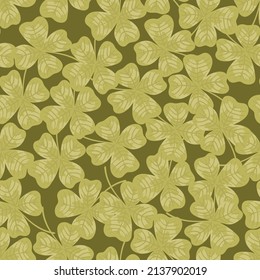 Four leaf clover vector seamless pattern. Lucky clover leaf four petals cartoon texture. Green shamrock for St. Patrick's Day, Irish Holiday beer festival background for fabric, wallpaper, wrap paper