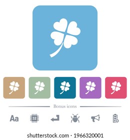 Four leaf clover white flat icons on color rounded square backgrounds. 6 bonus icons included