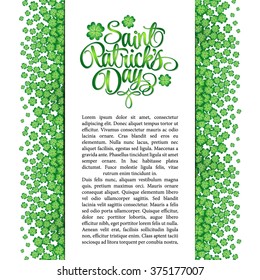 Four leaf clovers abstract template. St. Patrick's Day vector background. Lettering pattern.