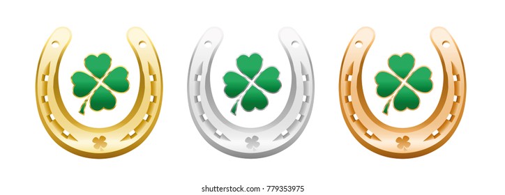 Four leaf clovers in golden, silver and bronze horseshoes - lucky symbols representing success, health, wealth, fortune, luck, happiness and prosperity - isolated vector illustration on white backgrou