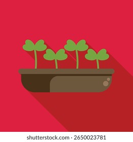 Four leaf clovers are growing in a pot with a long shadow on a red background
