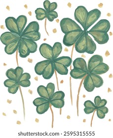 four leaf clovers hand drawn watercolour with isolated white background