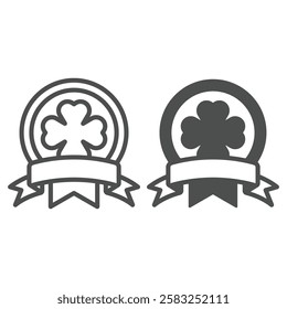 Four leaf cluster clover line and solid icon, saint Patrick day concept. Vector graphics. Ball bubble with ribbon sign on white background, outline style icon for mobile or web design