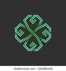 Four leaf emerald green shamrock in Celtic style, St Patrick's day vector clover icon on dark gray background