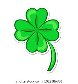 Four leaf green clover. Lucky quatrefoil. Good luck symbol. Cartoon sticker in comic style with contour. Decoration for greeting cards, patches, prints for clothes, emblems