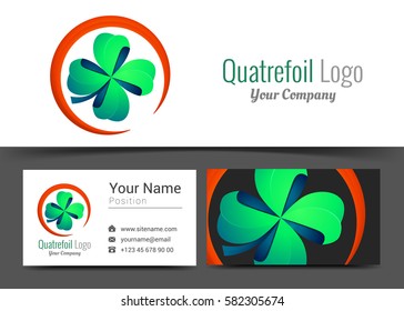 Four Leaf Green Clover Lucky Quatrefoil Good Luck Corporate Logo and Business Card Sign Template. Creative Design with Colorful Logotype Identity Composition Multicolored Element. Vector Illustration.