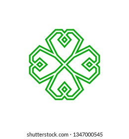Four leaf green shamrock in Celtic style, St Patrick's day vector line clover pictogram