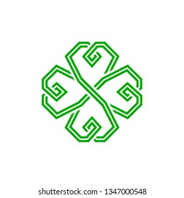 Four leaf green shamrock in Celtic style, St Patrick's day vector line clover pictogram