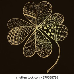 Four leaf ,Hand- drawn decorative clover filled with floral and geometrical patterns, St. Patrick's day card