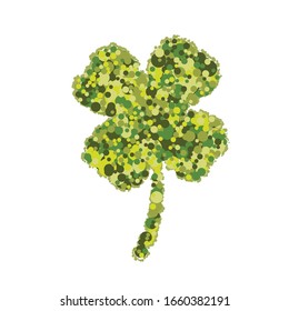 Four Leaf Happy Shamrock dot stylized isolated Saint Patricks day symbol. Festive bright circle paint drop clover design element. Creative template for holiday art, brochure or bouclet. EPS10 vector.