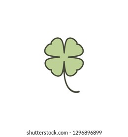 four leaf irish clover icon. Sage green shamrock with outline Isolated on white. St Patrick day vector illustration. Flat design.