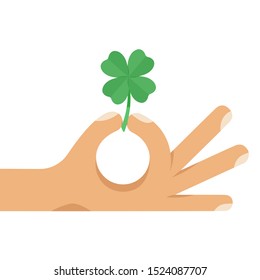 Four leaf lucky green clover in human hand. Flat style cartoon colorful concept vector illustration isolated on white background.