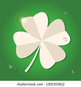 Four leaf paper clover with water drops on green background, vector illustration.