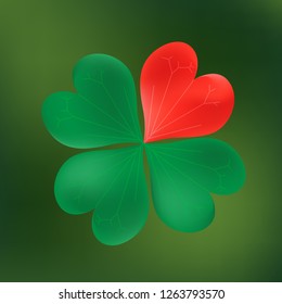 Four leaf realistic clover background with red heart. Valentine`s day vector. 